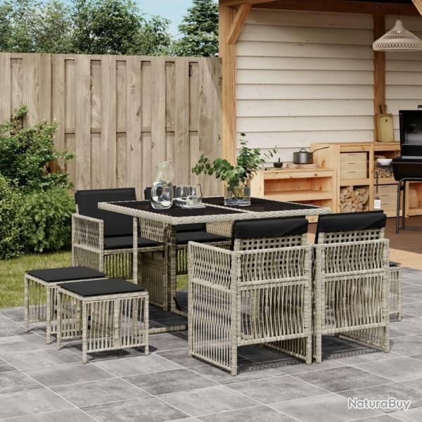 Ensemble  manger de jardin et coussins 9 pcs gris clair rotin alsavelo