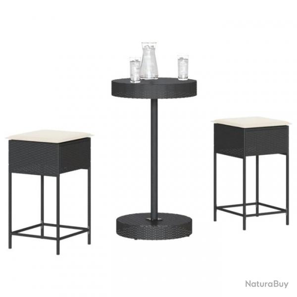 bar de jardin 3 pcs avec coussins noir poly rotin