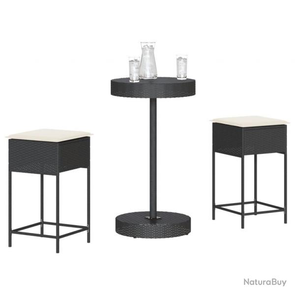 bar de jardin 3 pcs avec coussins noir poly rotin alsavelo