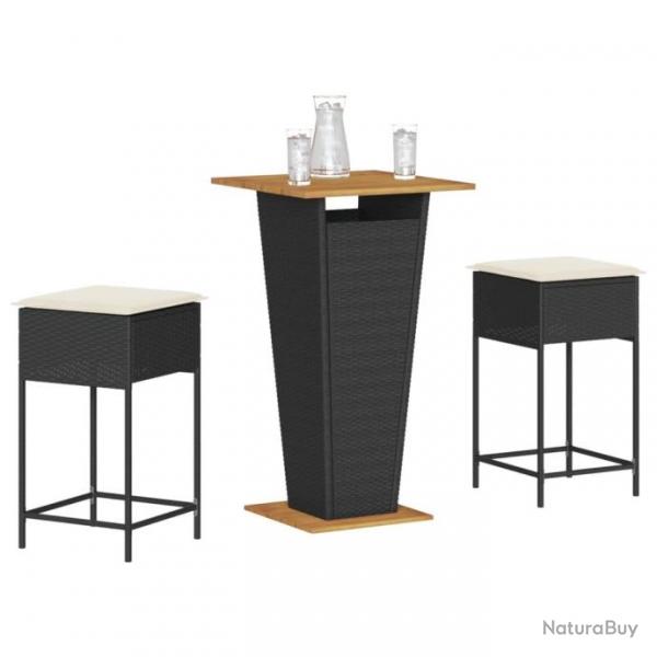 bar de jardin 3 pcs avec coussins noir poly rotin