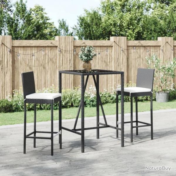 bar de jardin 3 pcs avec coussins noir poly rotin