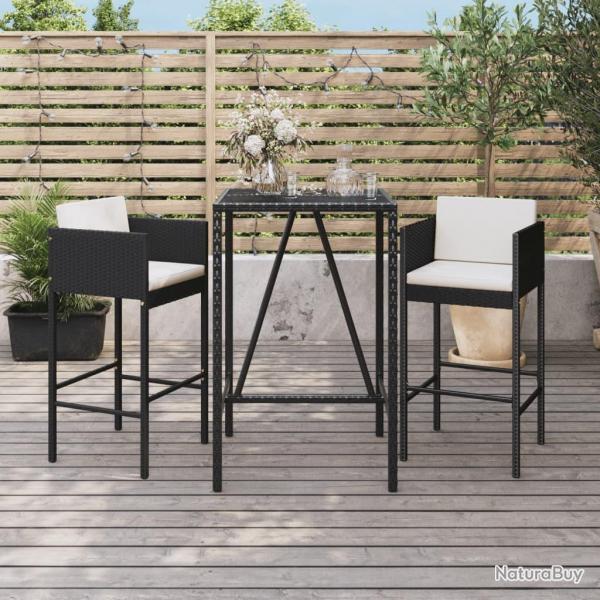 bar de jardin 3 pcs avec coussins noir poly rotin alsavelo