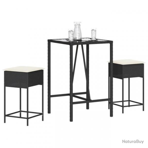 bar de jardin 3 pcs avec coussins noir poly rotin