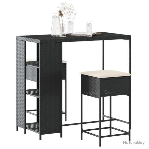 bar de jardin 3 pcs avec coussins noir poly rotin alsavelo