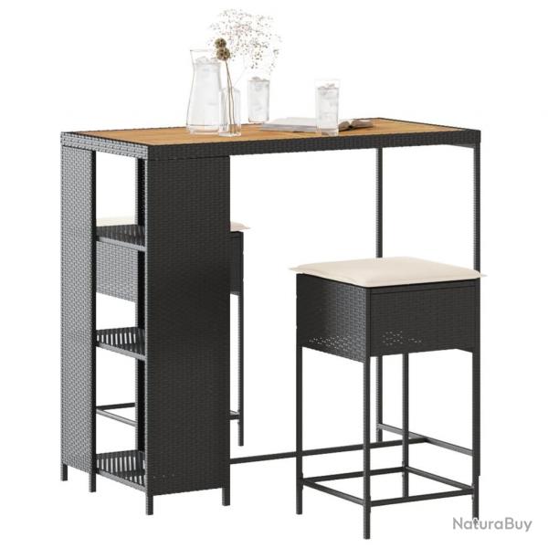 bar de jardin 3 pcs avec coussins noir poly rotin alsavelo
