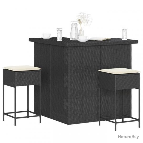 bar de jardin 3 pcs avec coussins noir poly rotin