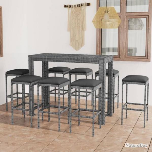 bar de jardin 9 pcs et coussins Rsine tresse Gris