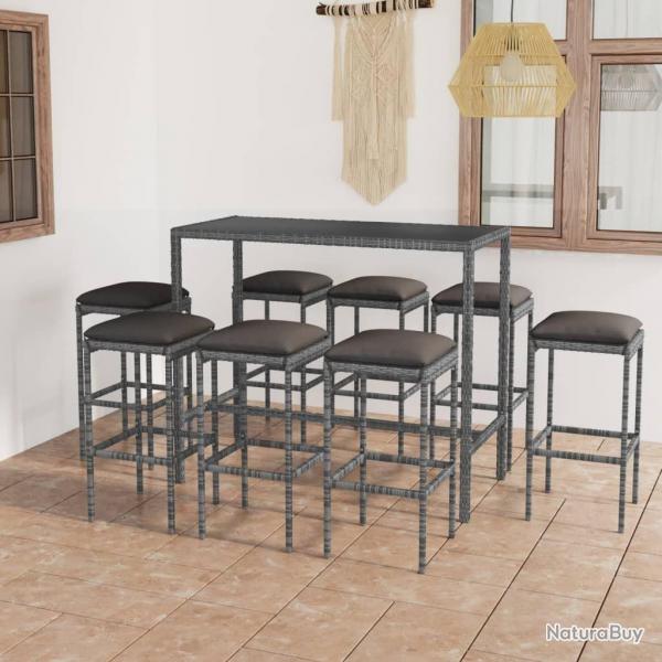 bar de jardin 9 pcs et coussins Rsine tresse Gris alsavelo