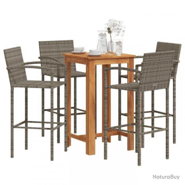 bar de jardin 5 pcs gris bois massif acacia rotin