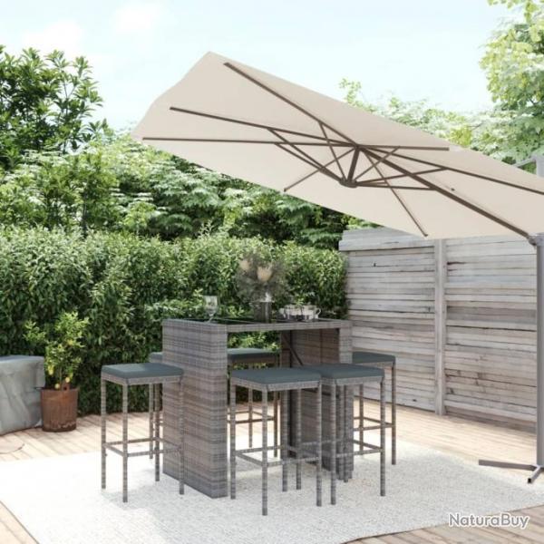 bar de jardin 7 pcs avec coussins gris poly rotin