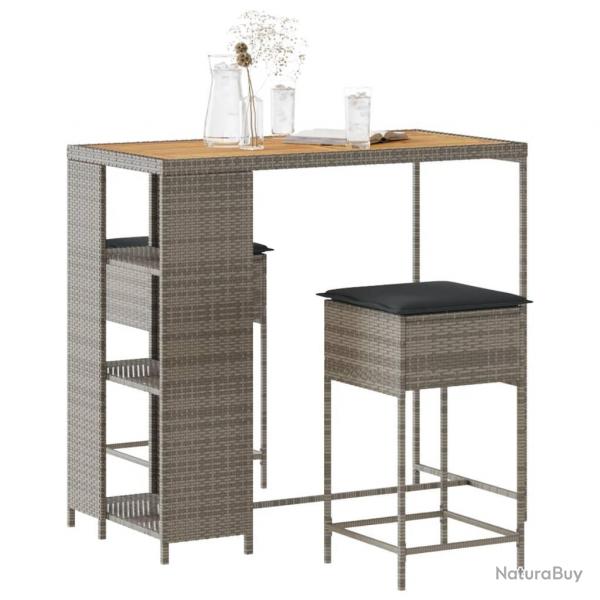 bar de jardin 3 pcs et coussins gris rsine tresse alsavelo