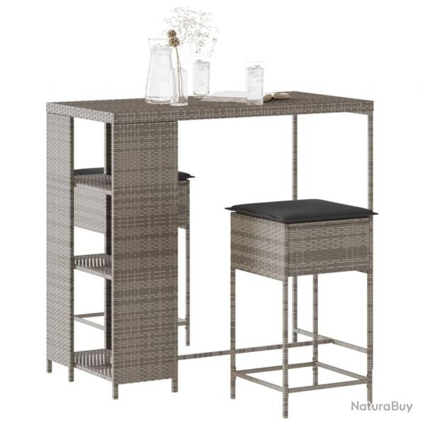 bar de jardin 3 pcs et coussins gris rsine tresse alsavelo