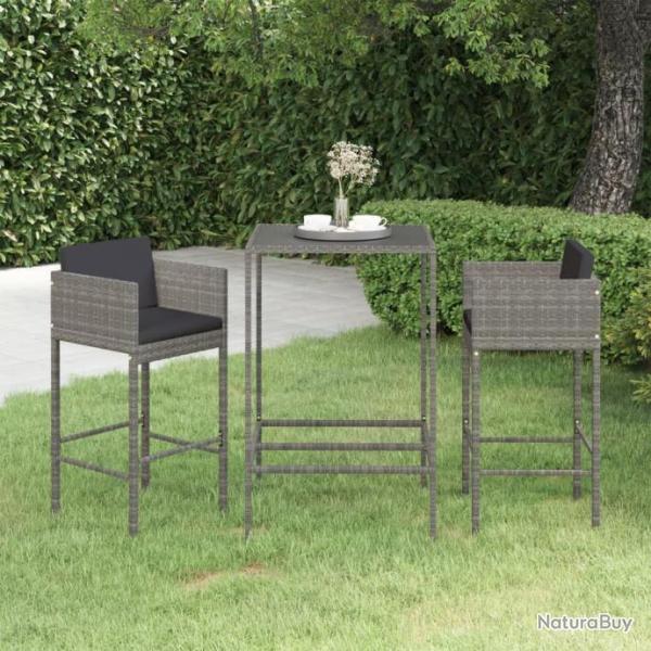 bar de jardin 3 pcs et coussins Rsine tresse Gris