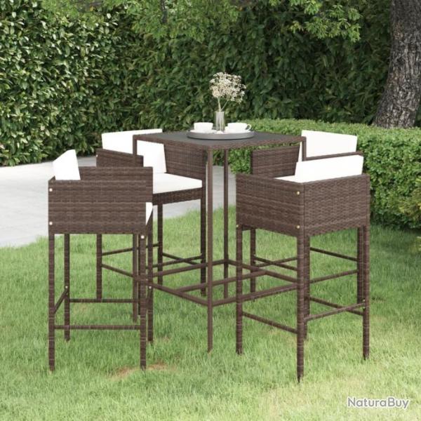 Ensemble bar de jardin 5 pcs et coussins Rsine tresse Marron