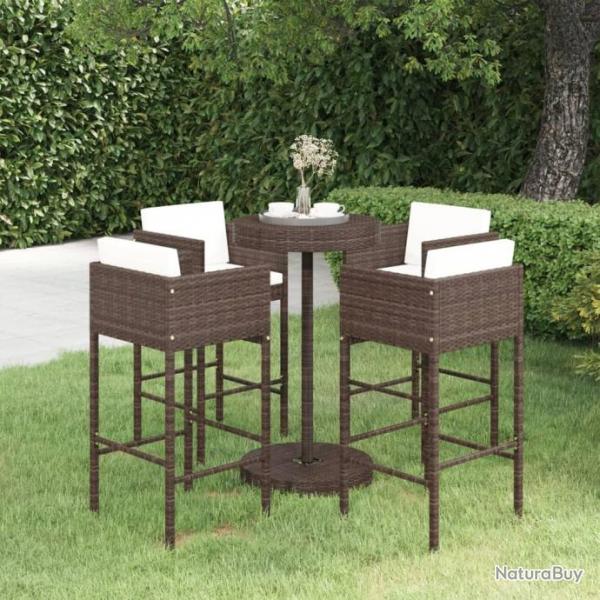 Ensemble bar de jardin 5 pcs et coussins Rsine tresse Marron