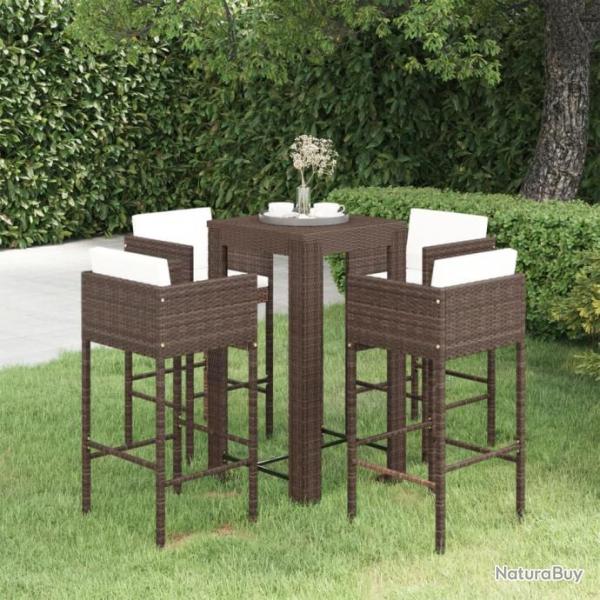 Ensemble bar de jardin 5 pcs et coussins Rsine tresse Marron