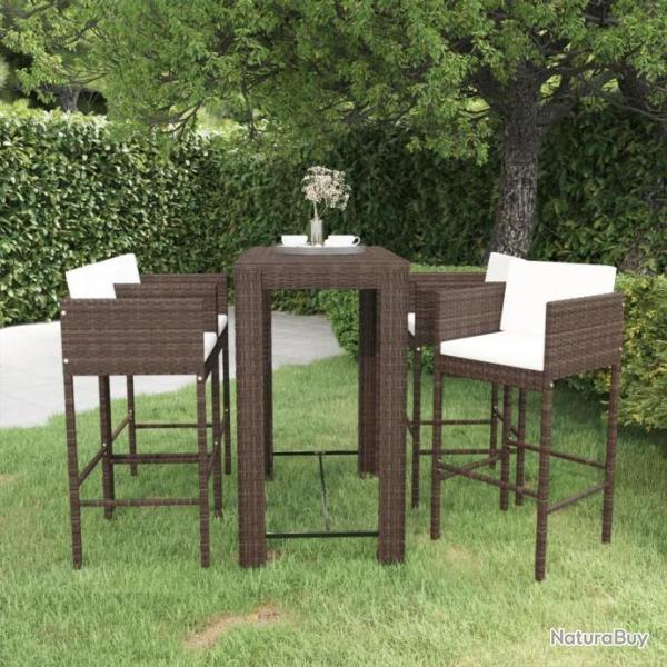 Ensemble bar de jardin 5 pcs et coussins Rsine tresse Marron