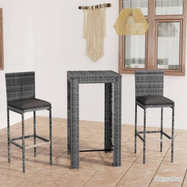 bar de jardin 3 pcs et coussins Rsine tresse Gris