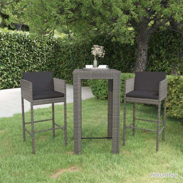 bar de jardin 3 pcs et coussins Rsine tresse Gris