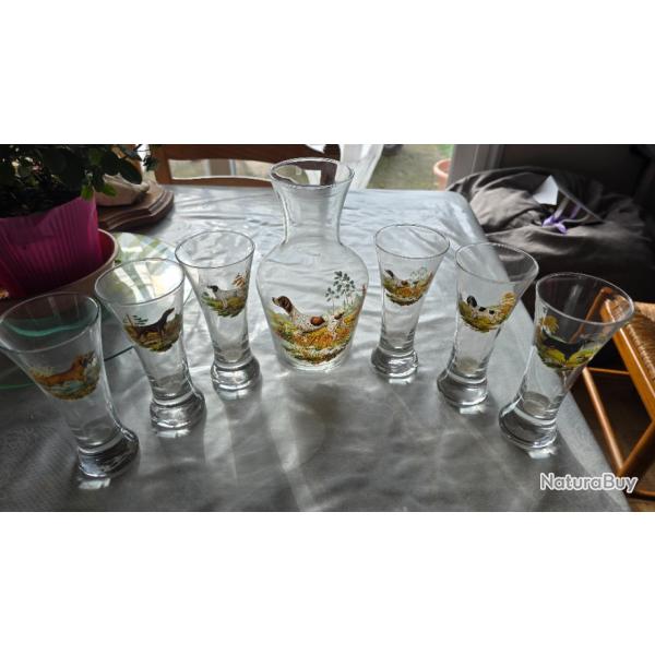 Lot 6 verres  pastis /ricard avec la carafe dcors animaux