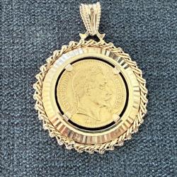 Pendentif ancien or massif 18 carats avec véritable pièce de 20 francs or (Louis d'or)