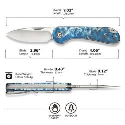 Couteau CIVIVI Elementum Slipjoint Blue Lame Drop Point Acier 14C28N Manche Résine Clip CIVC18062AJ4