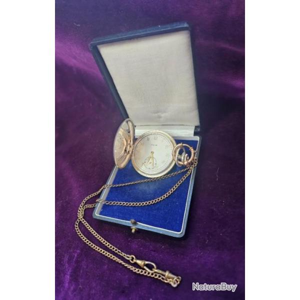 Montre de poche FAVOR, argent, 1945, Allemagne, avec chaine plaque or vers 1910!