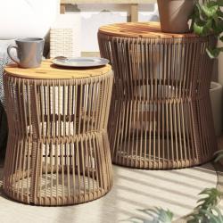 Tables d'appoint de jardin 2pcs dessus en bois beige poly rotin alsavelo