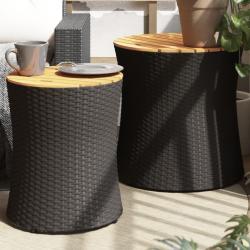 Tables d'appoint de jardin 2 pcs dessus en bois noir poly rotin alsavelo