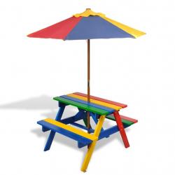 Table et bancs de pique-nique avec parasol pour enfants Bois alsavelo