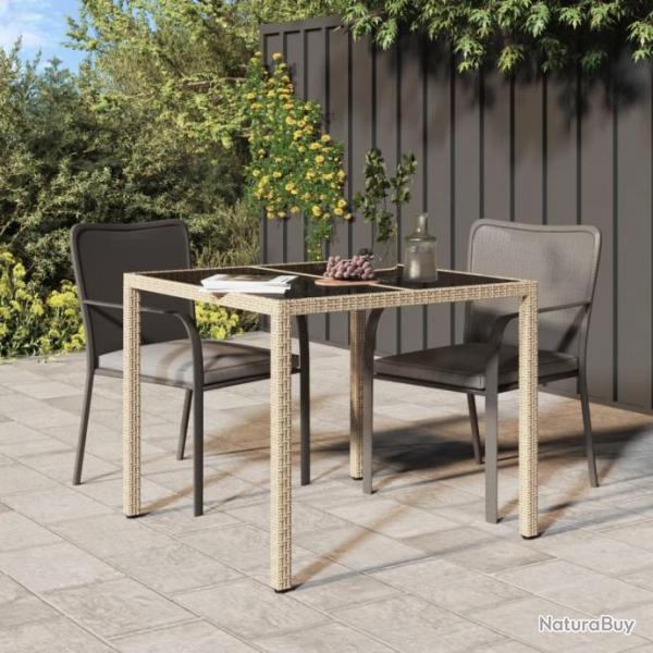 Table de jardin 90x90x75cm Verre tremp et rsine tresse Beige alsavelo