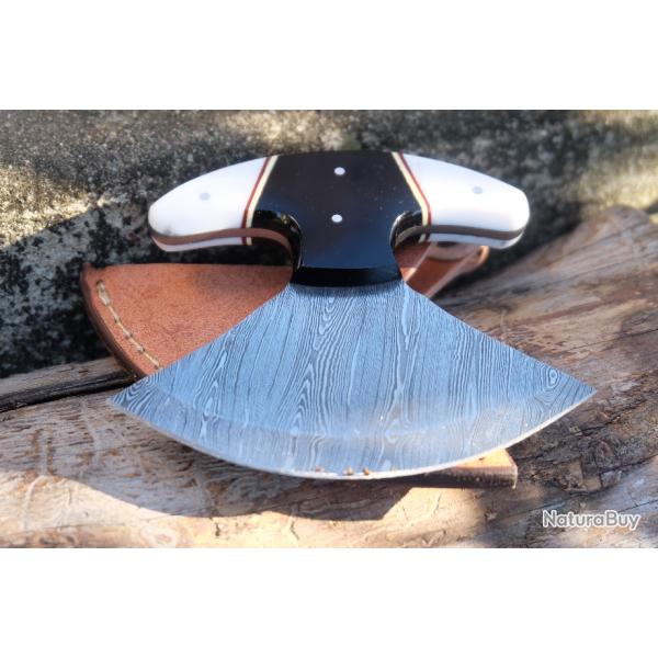 Couteau d'Esquimau Inuit Ulu Lame Acier Damas 256 Couches Manche Rsine Etui Cuir Fabr Artisanat 001