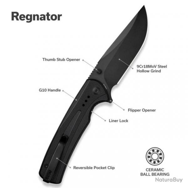 Couteau Sencut Regnator Black Lame Clip Point Acier 9Cr18MoV Manche G10 Linerlock IKBS Clip S240571