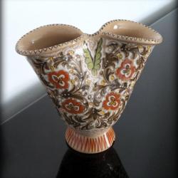 Ancien vase MOLARONI vintage année 40-50 ( PESARO )-Vase double col en 8 signé-Motifs floraux