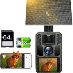 Caméra de Chasse Solaire WiFi 4K 64MP Batterie 5000mAh & Vision Nocturne Infrarouge  Carte 64GB