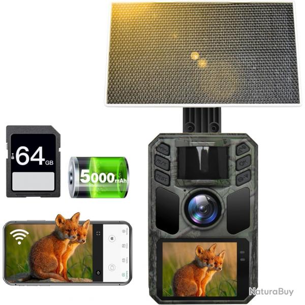 Camra de Chasse Solaire WiFi 4K 64MP Batterie 5000mAh & Vision Nocturne Infrarouge  Carte 64GB