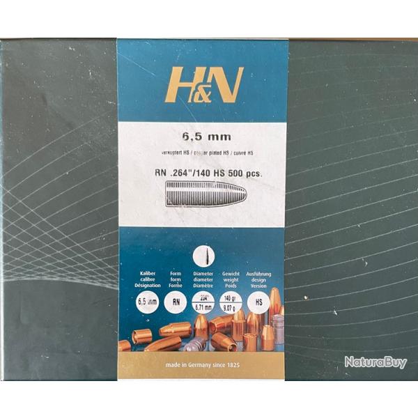 Bote de 500 ogives H&N cal. 6,5mm RN 264" 140GR HS