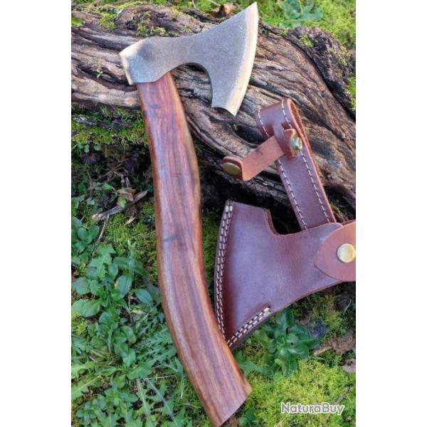 Hache De Viking Tomahawk Lame Acier Carbone Manche Bois Etui Cuir Fabrication Artisanale HDVK