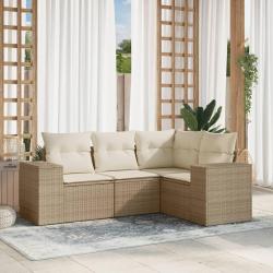 Salon de jardin avec coussins 4 pcs beige r&eacute;sine tress&eacute;e