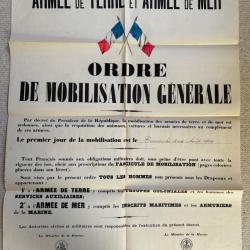 AFFICHE ORIGINALE DE L'ORDRE DE MOBILISATION GÉNÉRALE WW1 FRANCE