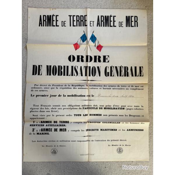 AFFICHE ORIGINALE DE L'ORDRE DE MOBILISATION GNRALE WW1 FRANCE