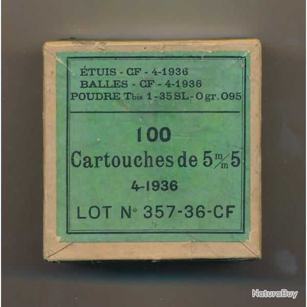 (5930)  Magnifique boite de 100 22LR rglementaire de 1936 Ferme Par Cartoucherie Franaise