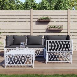 Salon de jardin avec coussins 5 pcs blanc acier alsavelo
