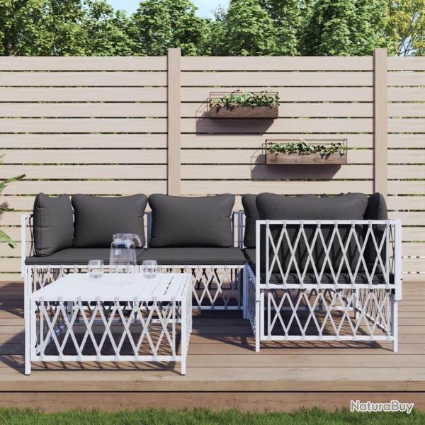 Salon de jardin avec coussins 5 pcs blanc acier alsavelo