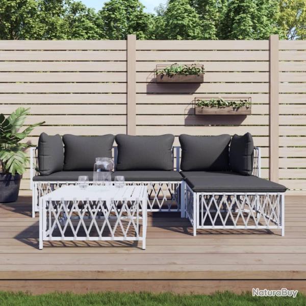 Salon de jardin avec coussins 5 pcs blanc acier alsavelo