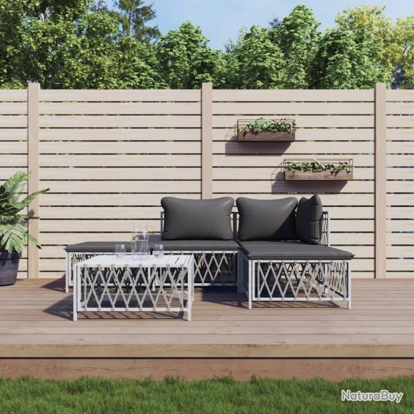 Salon de jardin avec coussins 5 pcs blanc acier alsavelo