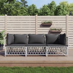 Salon de jardin avec coussins 3 pcs blanc acier alsavelo