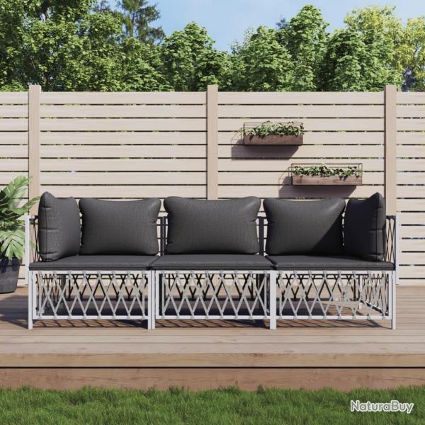 Salon de jardin avec coussins 3 pcs blanc acier alsavelo