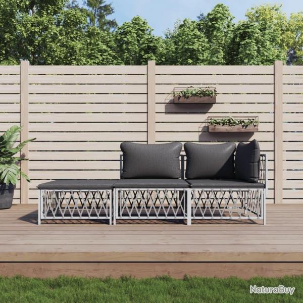 Salon de jardin avec coussins 3 pcs blanc acier alsavelo