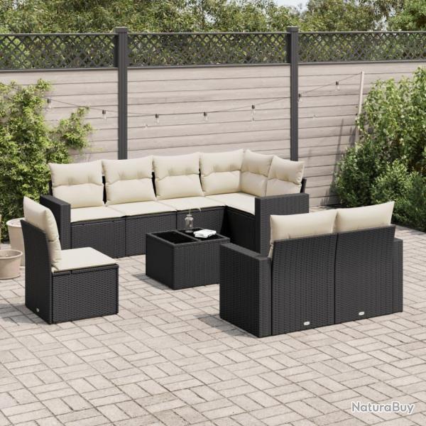 Salon de jardin 9 pcs avec coussins noir rsine tresse alsavelo
